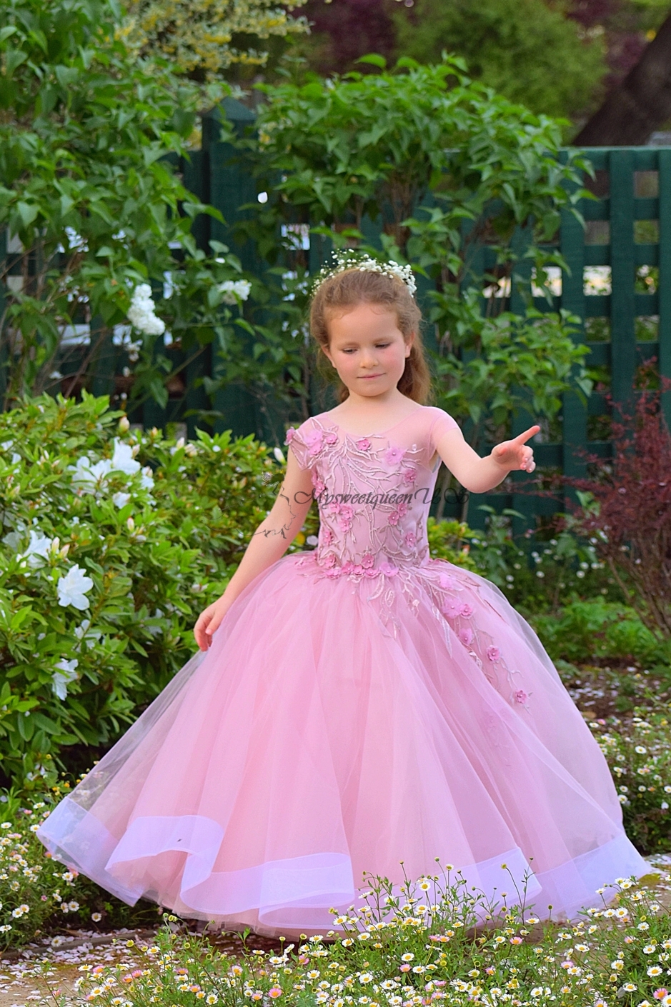 Pink Flower girl dress with applique