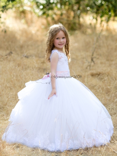 White Tulle Flower Girl Dress with train